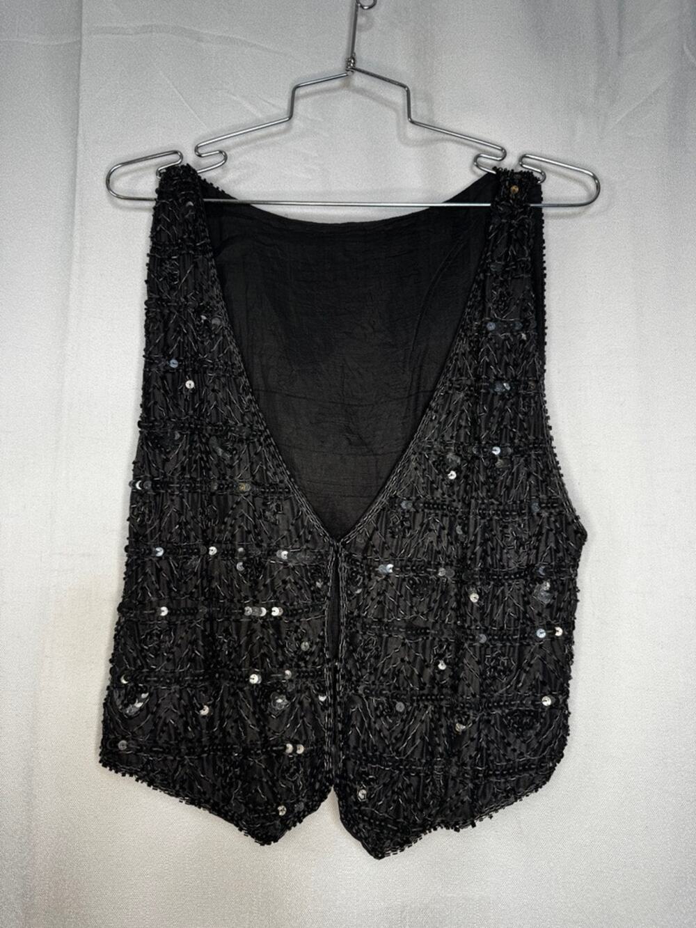 416. Beaded Sequin Silk Vest Hook & Eye Closure Size M